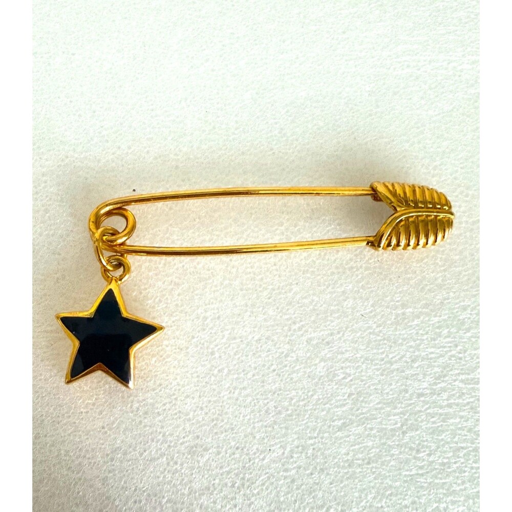 Vintage 1980s Monet Gold Tone Safety Pin Brooch Black Enamel Star Charm SignedDe